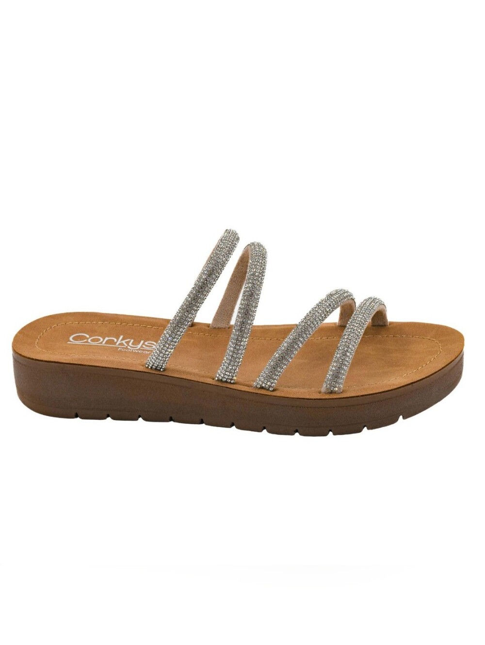 Corkys Silver Rhinestone Triple-Strap Slide Sandal